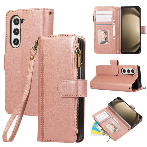 For Samsung Galaxy Z Fold6 5G Case Multi Card Slots Zipper Leather Phone Cover with Wrist Strap - Rose Gold - 1