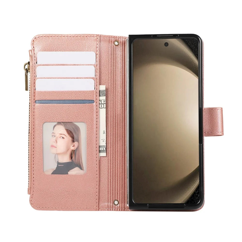 For Samsung Galaxy Z Fold6 5G Case Multi Card Slots Zipper Leather Phone Cover with Wrist Strap - Rose Gold - 2