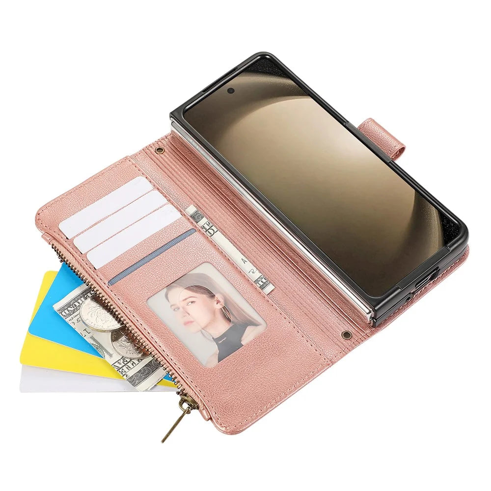 For Samsung Galaxy Z Fold6 5G Case Multi Card Slots Zipper Leather Phone Cover with Wrist Strap - Rose Gold - 3