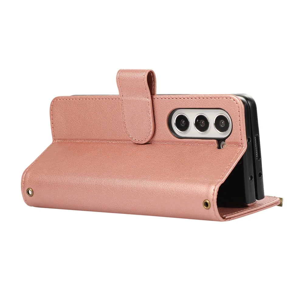 For Samsung Galaxy Z Fold6 5G Case Multi Card Slots Zipper Leather Phone Cover with Wrist Strap - Rose Gold - 4