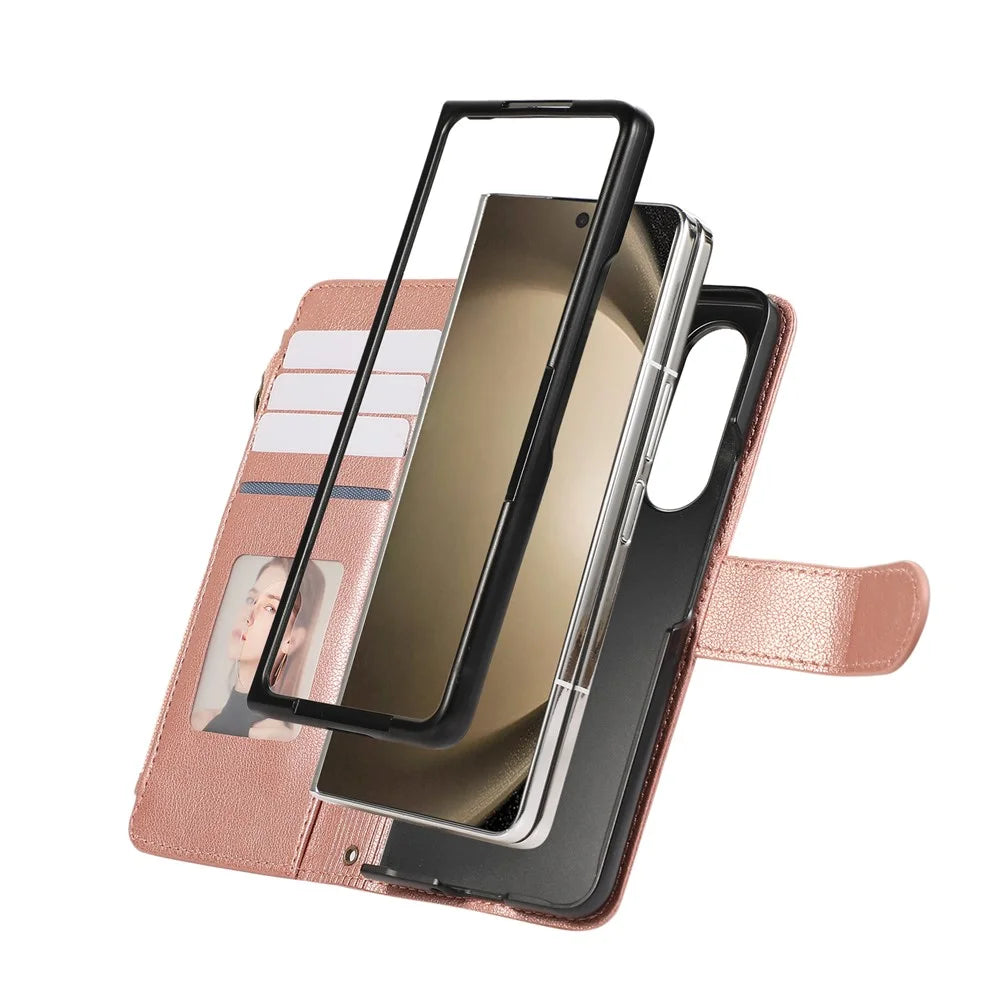 For Samsung Galaxy Z Fold6 5G Case Multi Card Slots Zipper Leather Phone Cover with Wrist Strap - Rose Gold - 6