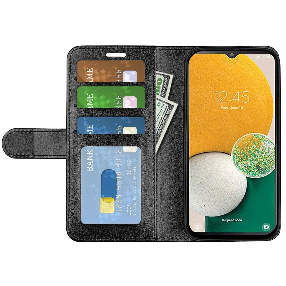 PU Leather Protective Phone Cover for Samsung Galaxy A14 5G / 4G , Anti-scratch Crazy Horse Texture Stand Flip Wallet Phone Case - Black - 2