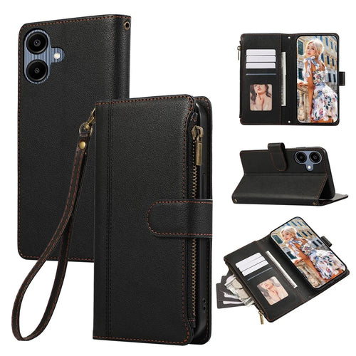 For Samsung Galaxy A06 4G Case Multi Card Slots Zipper Leather Phone Cover with Wrist Strap - Black - 1