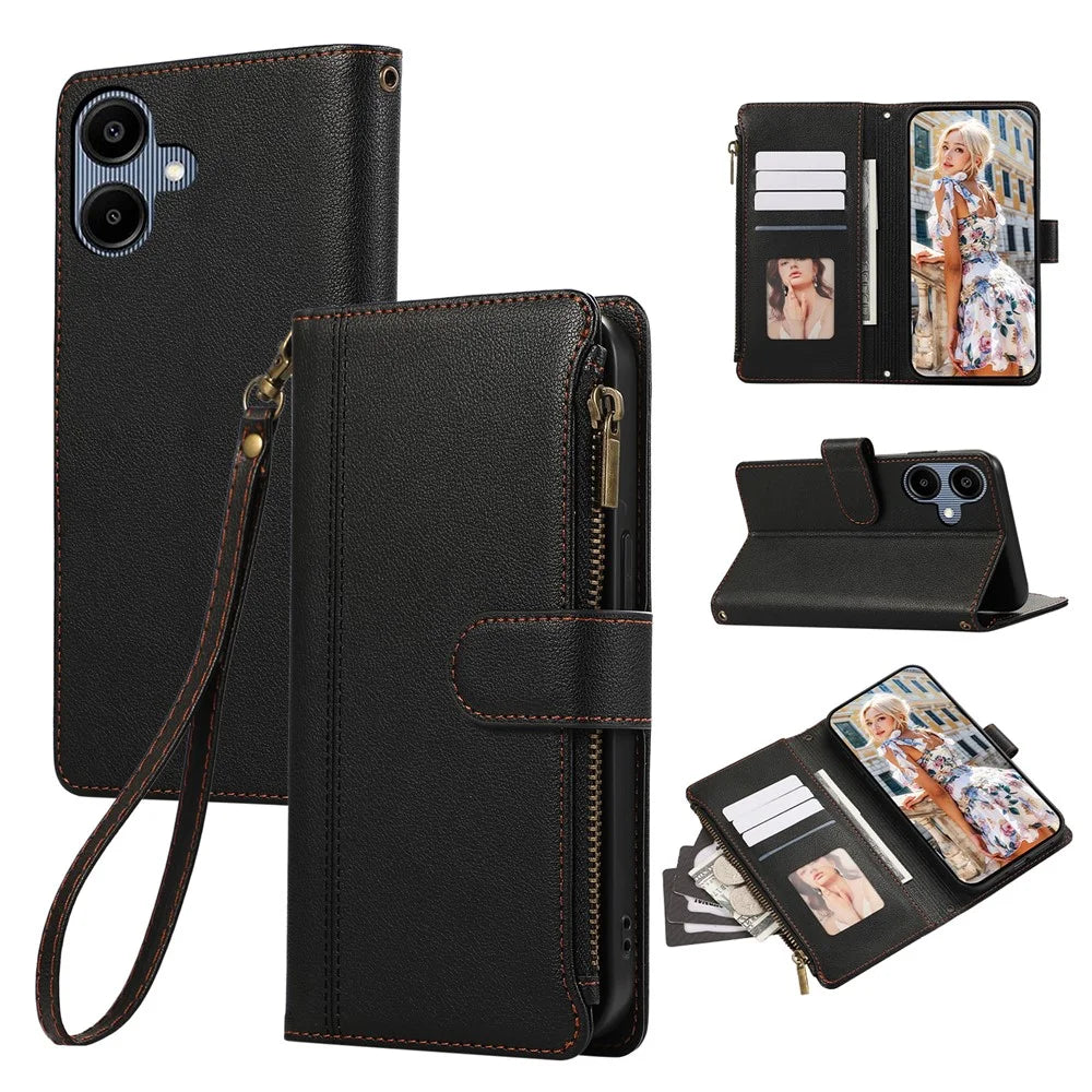 For Samsung Galaxy A06 4G Case Multi Card Slots Zipper Leather Phone Cover with Wrist Strap - Black - 1