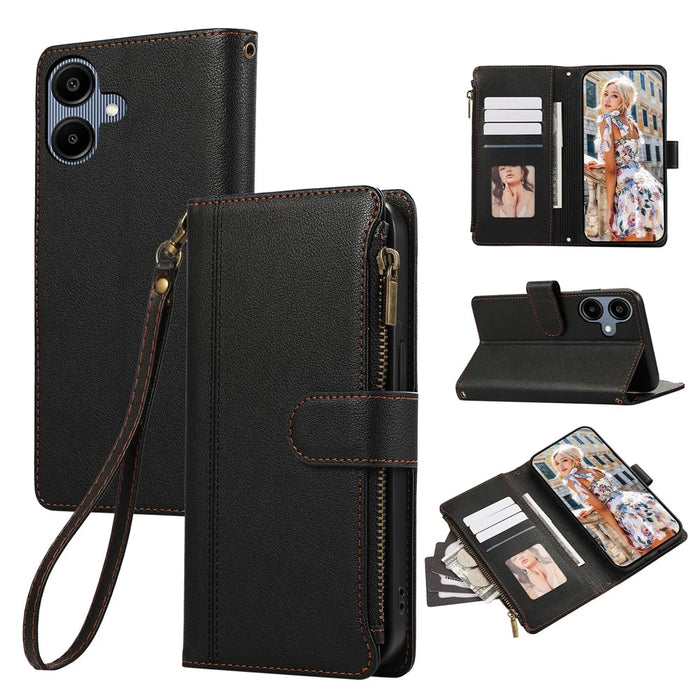 For Samsung Galaxy A06 4G Case Multi Card Slots Zipper Leather Phone Cover with Wrist Strap - Black - 1