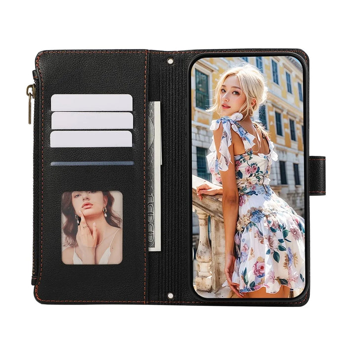 For Samsung Galaxy A06 4G Case Multi Card Slots Zipper Leather Phone Cover with Wrist Strap - Black - 2