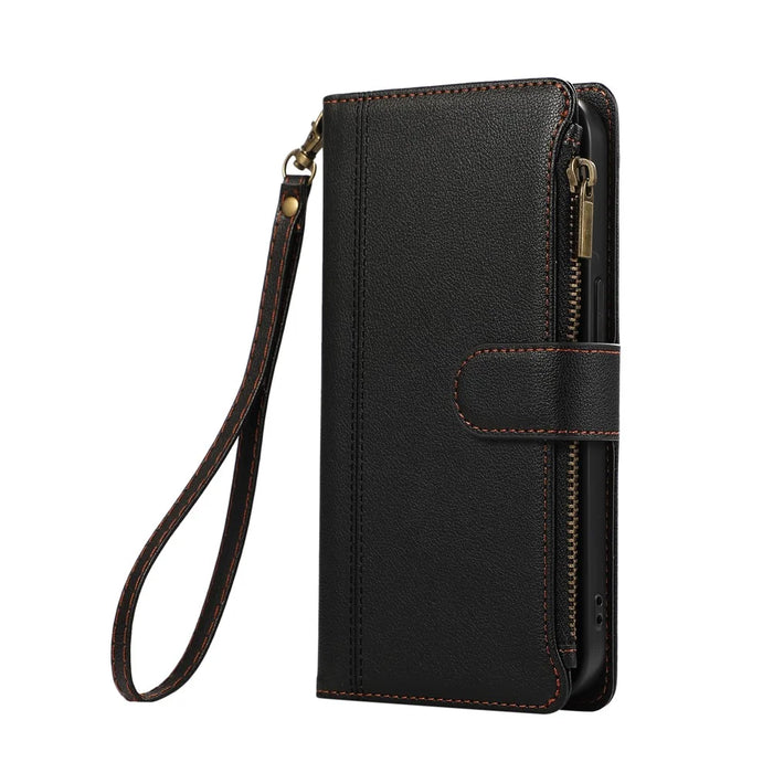 For Samsung Galaxy A06 4G Case Multi Card Slots Zipper Leather Phone Cover with Wrist Strap - Black - 6