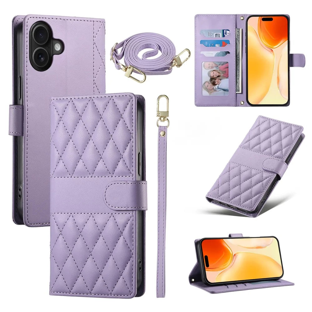 For iPhone 17 Case Rhombus Stitching Wallet Stand Leather Phone Cover with Long  /  Short Strap - Purple - 1