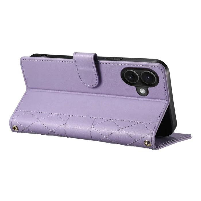 For iPhone 17 Case Rhombus Stitching Wallet Stand Leather Phone Cover with Long  /  Short Strap - Purple - 4