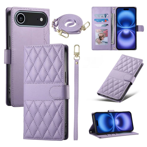 For iPhone Air Case Rhombus Stitching Wallet Stand Leather Phone Cover with Long  /  Short Strap - Purple - 1