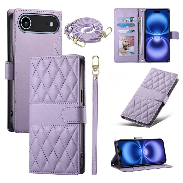 For iPhone Air Case Rhombus Stitching Wallet Stand Leather Phone Cover with Long  /  Short Strap - Purple - 1