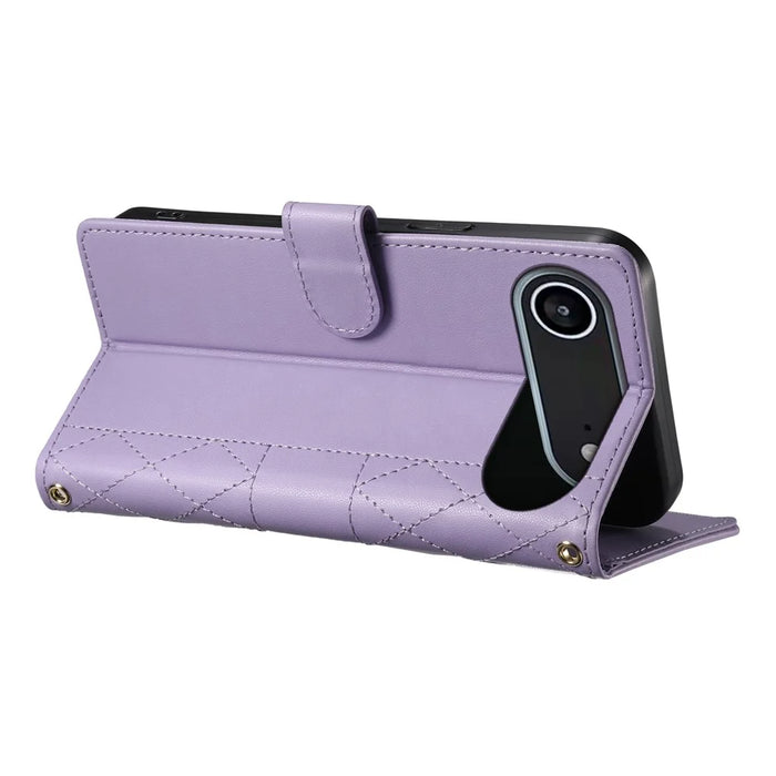 For iPhone Air Case Rhombus Stitching Wallet Stand Leather Phone Cover with Long  /  Short Strap - Purple - 4