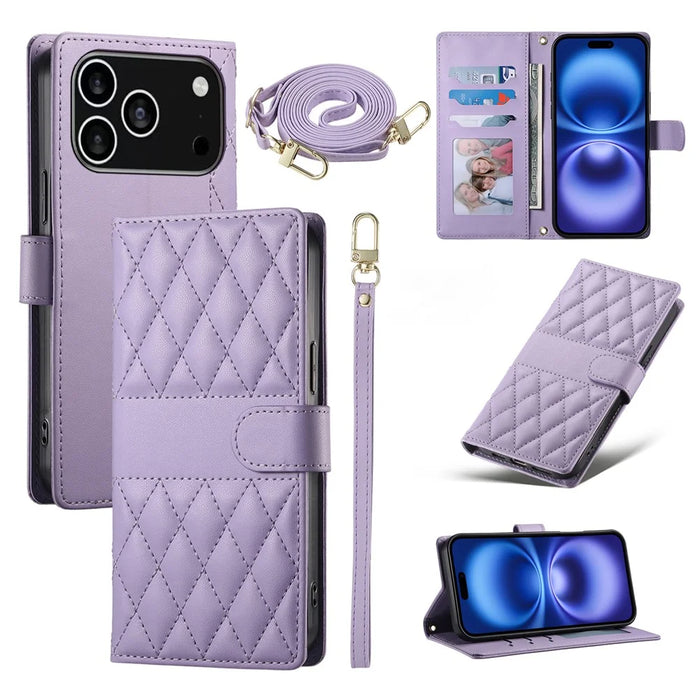 For iPhone 18 Pro / 17 Pro Case Rhombus Stitching Wallet Stand Leather Phone Cover with Long  /  Short Strap - Purple - 1