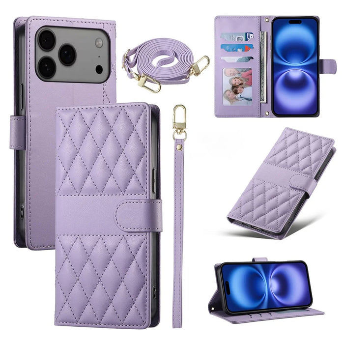 For iPhone 18 Pro Max / 17 Pro Max Case Rhombus Stitching Wallet Stand Leather Phone Cover with Long  /  Short Strap - Purple - 1