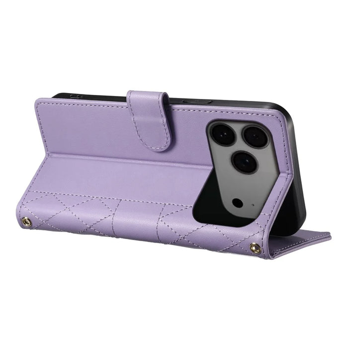 For iPhone 18 Pro Max / 17 Pro Max Case Rhombus Stitching Wallet Stand Leather Phone Cover with Long  /  Short Strap - Purple - 4