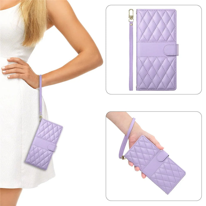 For iPhone 18 Pro Max / 17 Pro Max Case Rhombus Stitching Wallet Stand Leather Phone Cover with Long  /  Short Strap - Purple - 7