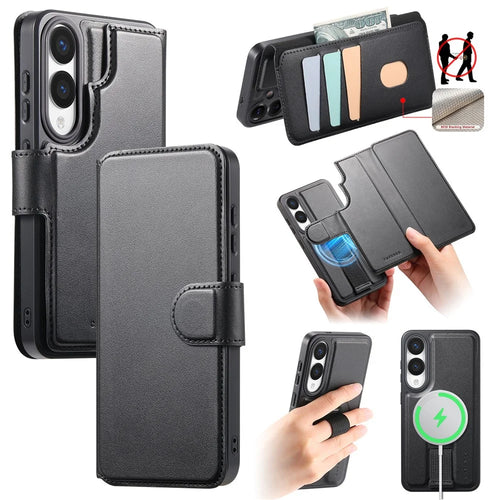 CASENEO For Samsung Galaxy S25 Edge Magnetic Case  RFID Blocking Wallet Detachable Leather Phone Cover with Wristband - Black - 1