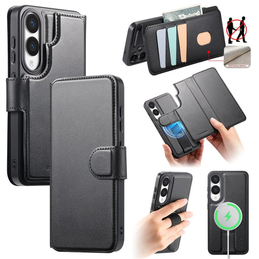 CASENEO For Samsung Galaxy S25 Edge Magnetic Case  RFID Blocking Wallet Detachable Leather Phone Cover with Wristband - Black - 1