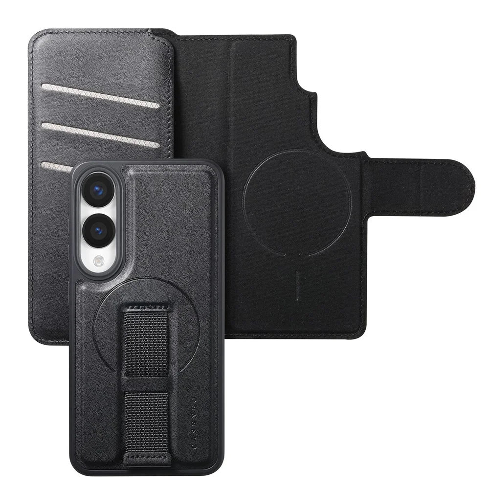 CASENEO For Samsung Galaxy S25 Edge Magnetic Case  RFID Blocking Wallet Detachable Leather Phone Cover with Wristband - Black - 6