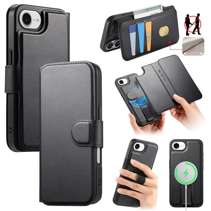 CASENEO For iPhone 17e / 16e Magnetic Case  RFID Blocking Wallet Detachable Leather Phone Cover with Wristband - Black - 1