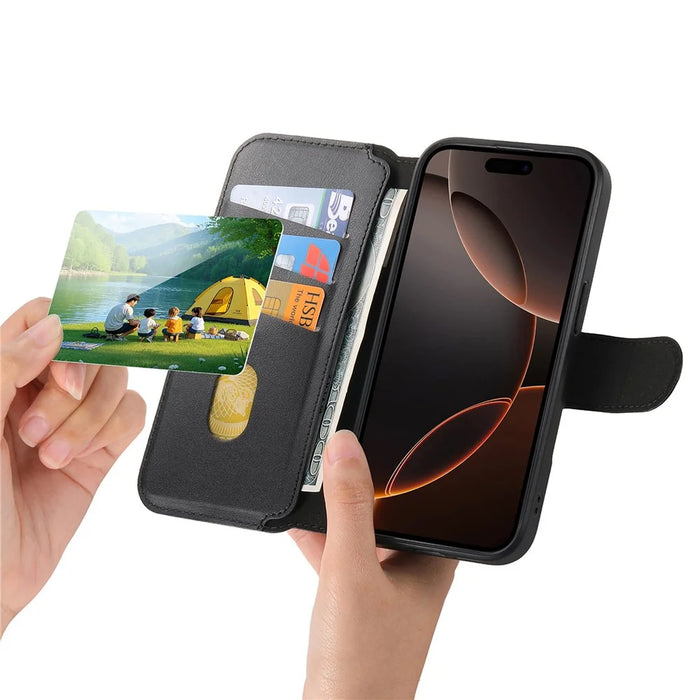 CASENEO For iPhone 17e / 16e Magnetic Case  RFID Blocking Wallet Detachable Leather Phone Cover with Wristband - Black - 5
