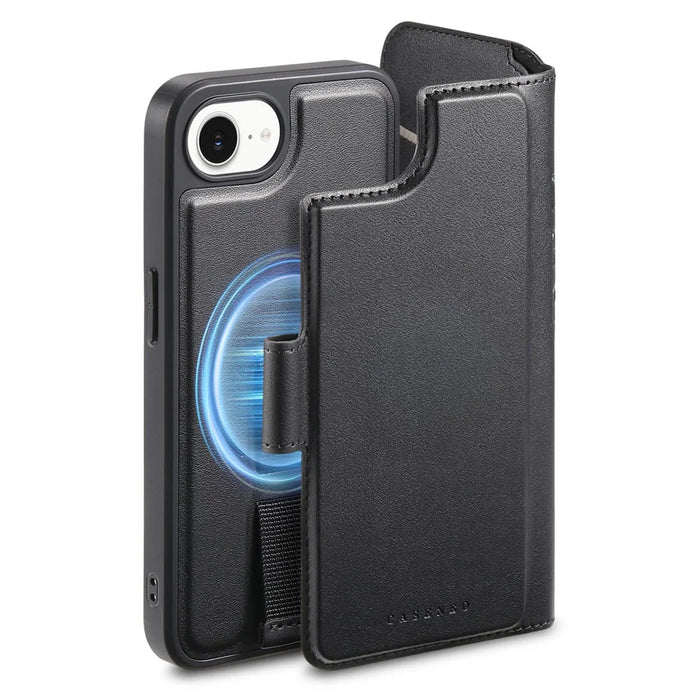 CASENEO For iPhone 17e / 16e Magnetic Case  RFID Blocking Wallet Detachable Leather Phone Cover with Wristband - Black - 6