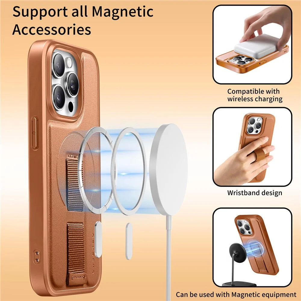 CASENEO For iPhone 14 Pro Max Magnetic Case  Wristband PU Leather + PC Shockproof Phone Cover - Brown - 6