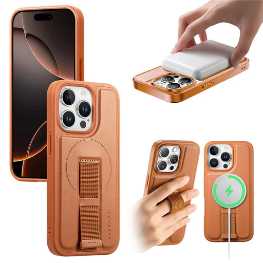 CASENEO For iPhone 14 Pro Magnetic Case  Wristband PU Leather + PC Shockproof Phone Cover - Brown - 1