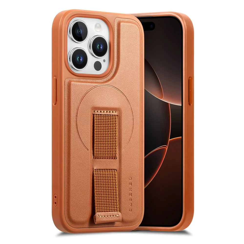 CASENEO For iPhone 15 Pro Magnetic Case  Wristband PU Leather + PC Shockproof Phone Cover - Brown - 4