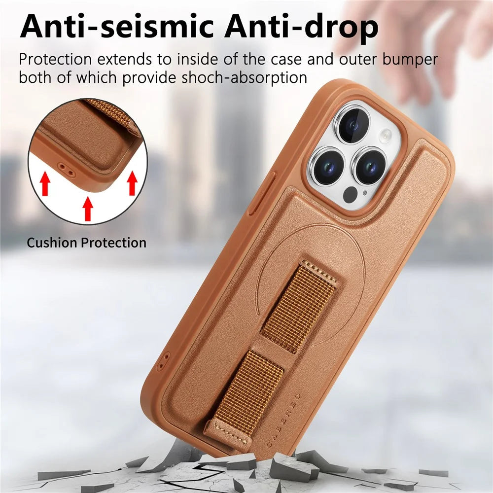CASENEO For iPhone 15 Pro Magnetic Case  Wristband PU Leather + PC Shockproof Phone Cover - Brown - 7