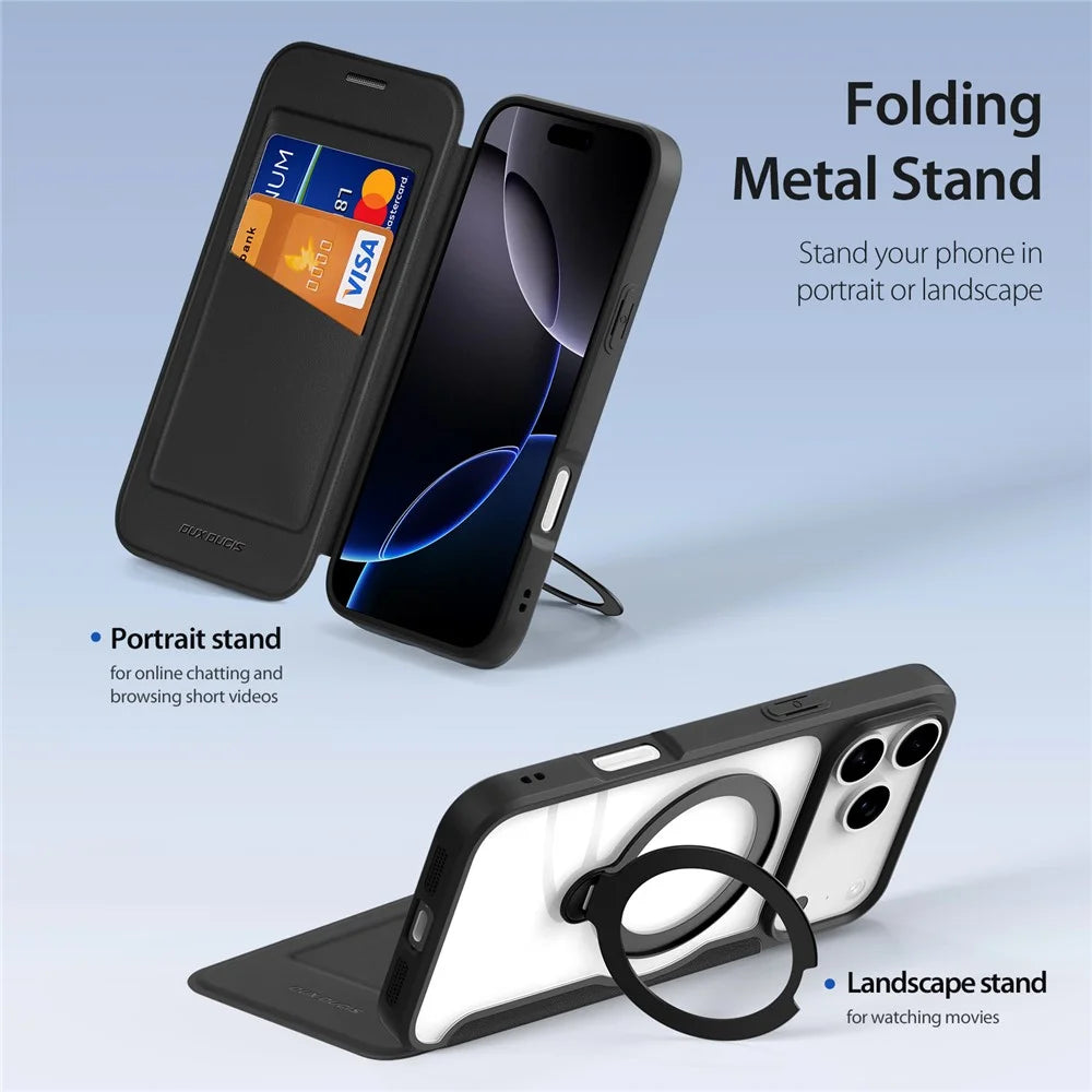 DUX DUCIS For iPhone 17 Pro Max Leather Case  Skin X Pro Series Rotary Kickstand Cover Compatible with MagSafe - Black - 4