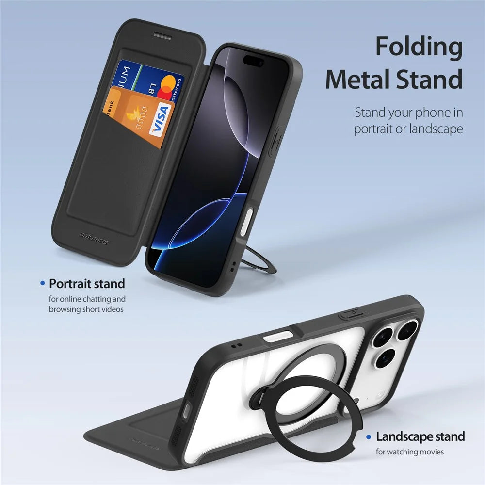 DUX DUCIS For iPhone 17 Pro Leather Case  Skin X Pro Series Rotary Kickstand Cover Compatible with MagSafe - Black - 4
