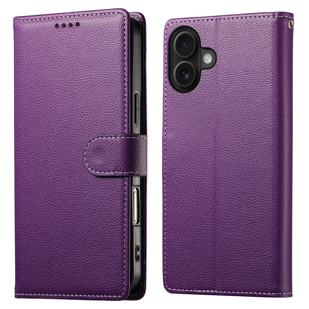 For iPhone 17 Case Magnetic Snap Litchi Texture Leather Wallet Phone Cover with Wrist Strap - Purple - 1