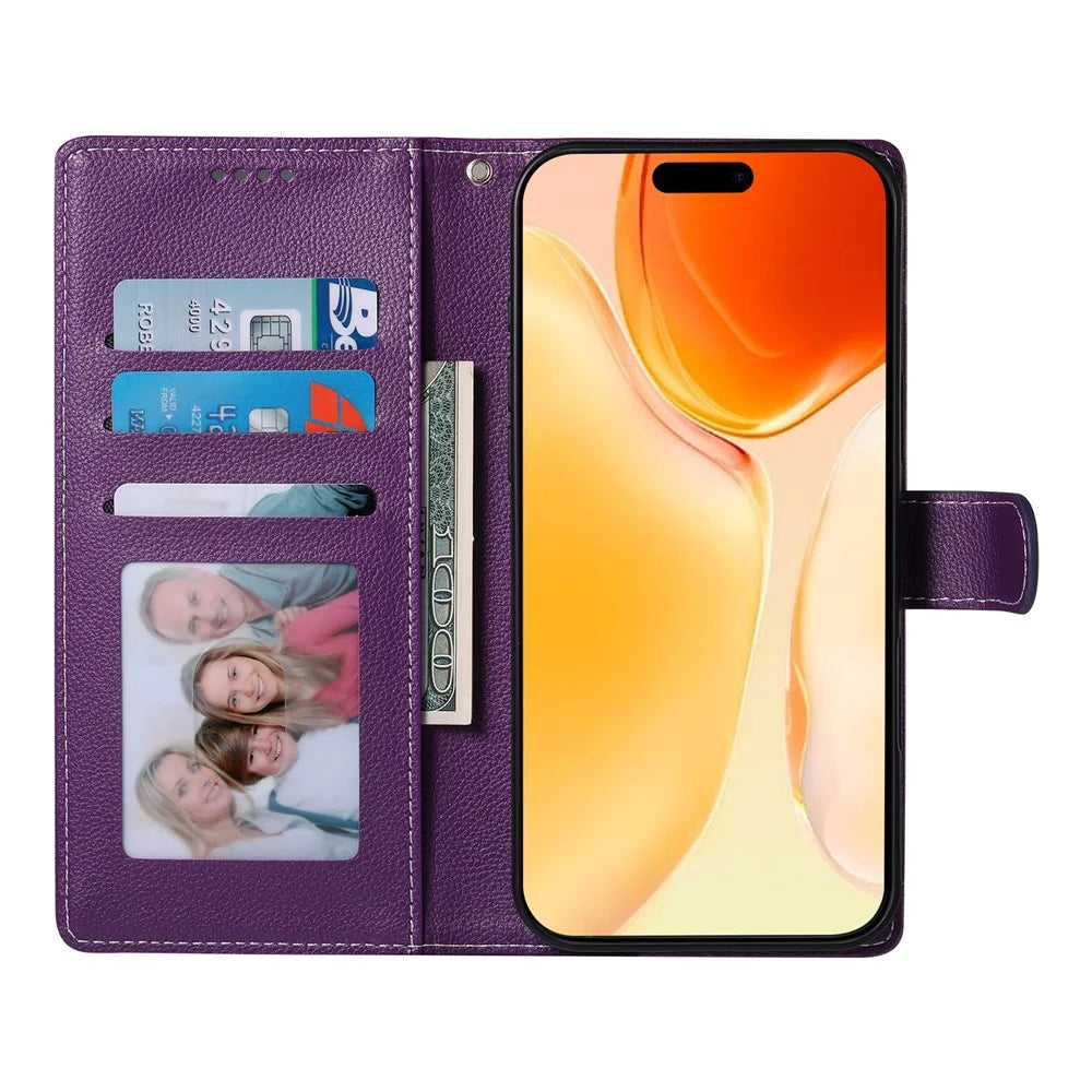 For iPhone 17 Case Magnetic Snap Litchi Texture Leather Wallet Phone Cover with Wrist Strap - Purple - 2