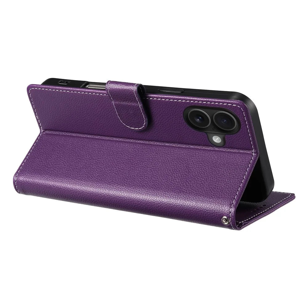 For iPhone 17 Case Magnetic Snap Litchi Texture Leather Wallet Phone Cover with Wrist Strap - Purple - 3