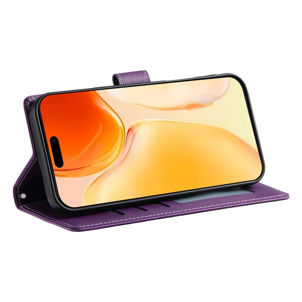 For iPhone 17 Case Magnetic Snap Litchi Texture Leather Wallet Phone Cover with Wrist Strap - Purple - 4