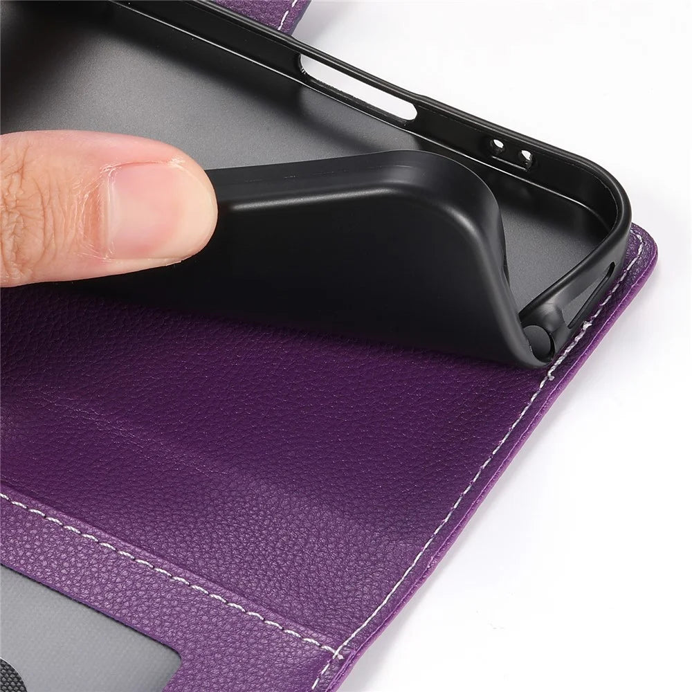 For iPhone 17 Case Magnetic Snap Litchi Texture Leather Wallet Phone Cover with Wrist Strap - Purple - 6