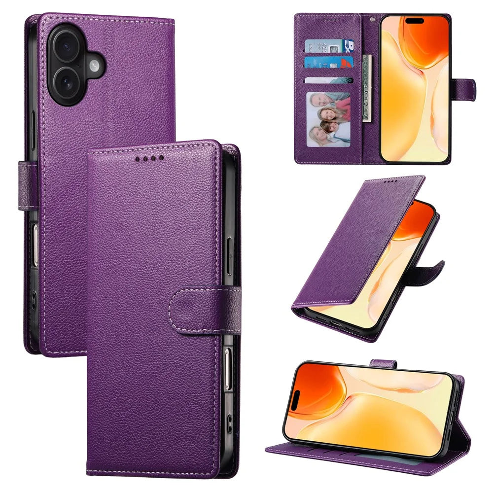 For iPhone 17 Case Magnetic Snap Litchi Texture Leather Wallet Phone Cover with Wrist Strap - Purple - 7
