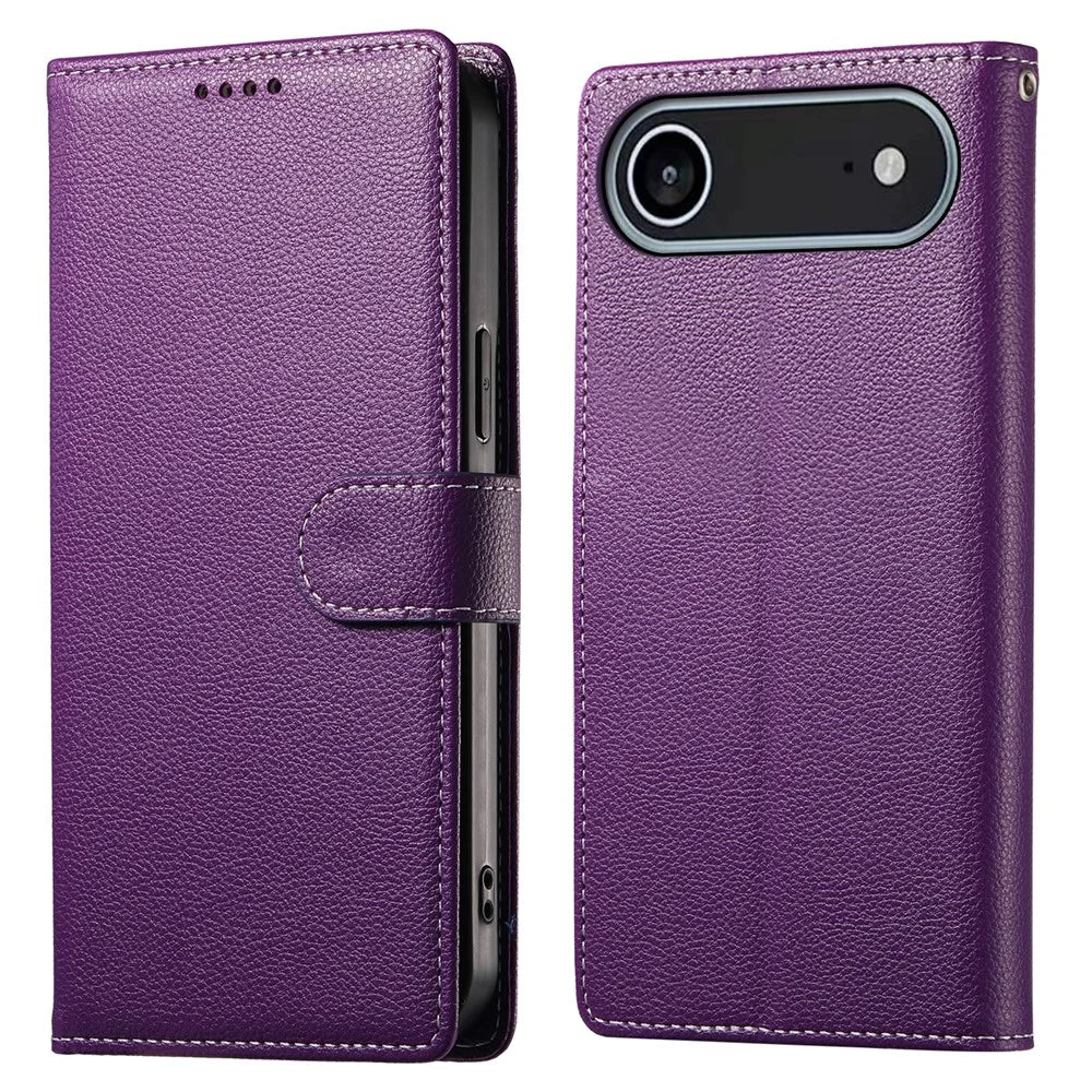 For iPhone Air Case Magnetic Snap Litchi Texture Leather Wallet Phone Cover with Wrist Strap - Purple - 1