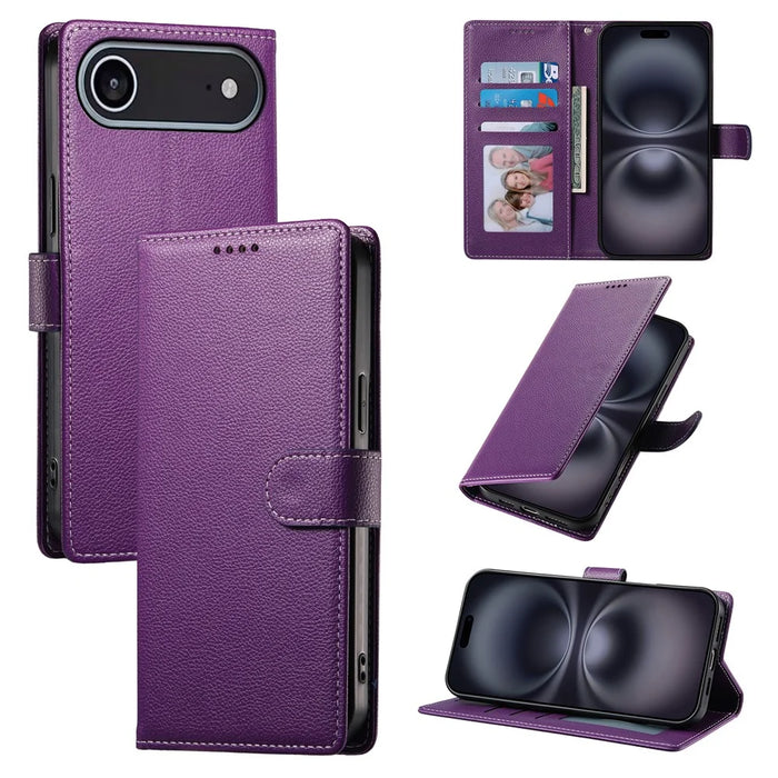 For iPhone Air Case Magnetic Snap Litchi Texture Leather Wallet Phone Cover with Wrist Strap - Purple - 7