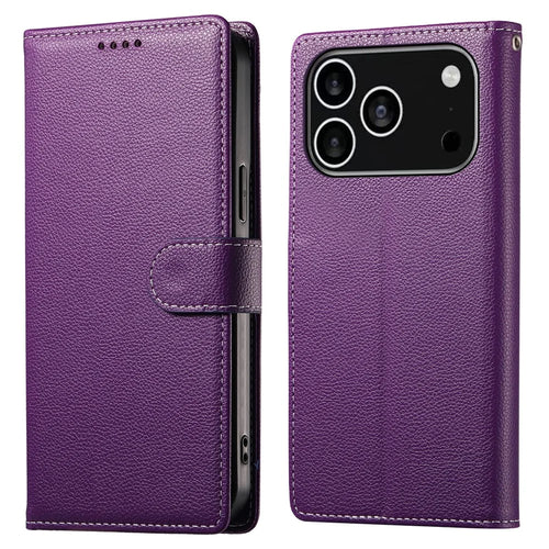 For iPhone 18 Pro / 17 Pro Case Magnetic Snap Litchi Texture Leather Wallet Phone Cover with Wrist Strap - Purple - 1