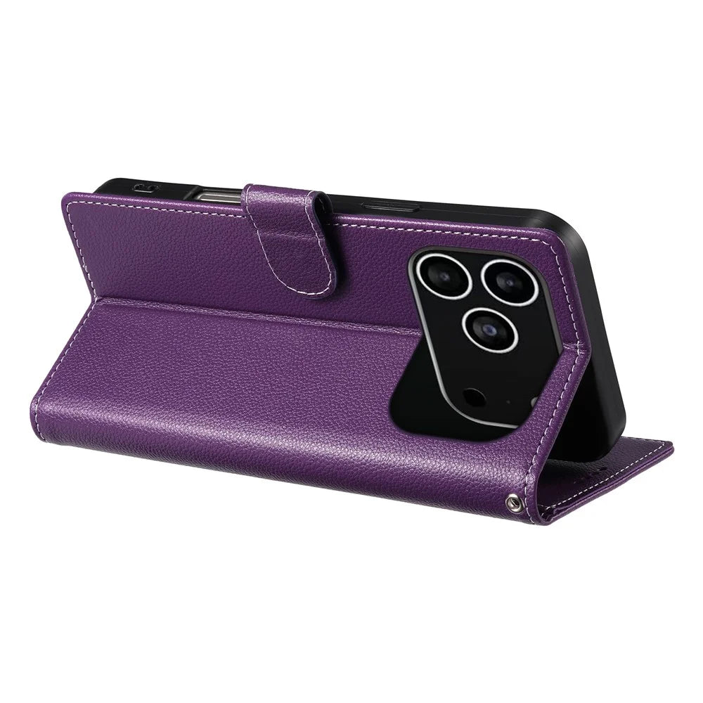 For iPhone 18 Pro / 17 Pro Case Magnetic Snap Litchi Texture Leather Wallet Phone Cover with Wrist Strap - Purple - 3