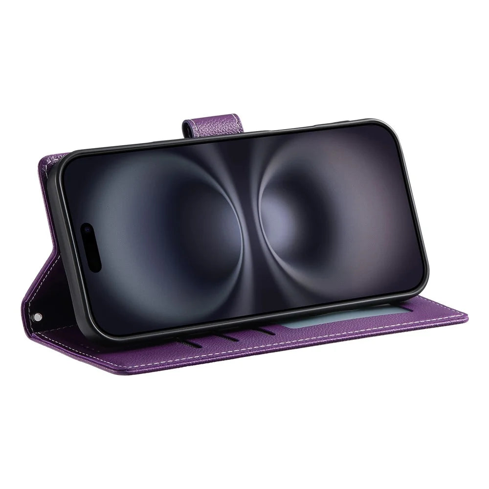 For iPhone 18 Pro / 17 Pro Case Magnetic Snap Litchi Texture Leather Wallet Phone Cover with Wrist Strap - Purple - 4
