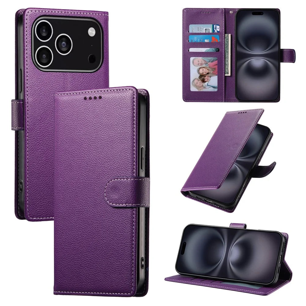 For iPhone 18 Pro / 17 Pro Case Magnetic Snap Litchi Texture Leather Wallet Phone Cover with Wrist Strap - Purple - 7