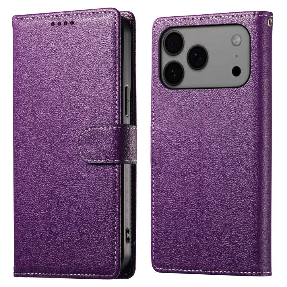 For iPhone 18 Pro Max / 17 Pro Max Case Magnetic Snap Litchi Texture Leather Wallet Phone Cover with Wrist Strap - Purple - 1
