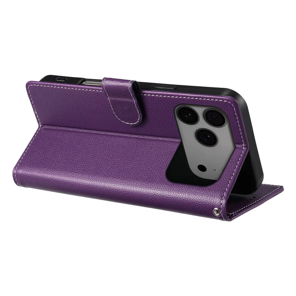 For iPhone 18 Pro Max / 17 Pro Max Case Magnetic Snap Litchi Texture Leather Wallet Phone Cover with Wrist Strap - Purple - 3