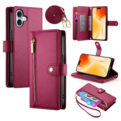 For iPhone 17 Case Zipper Pocket Wallet Leather Phone Cover with Straps - Red - 1