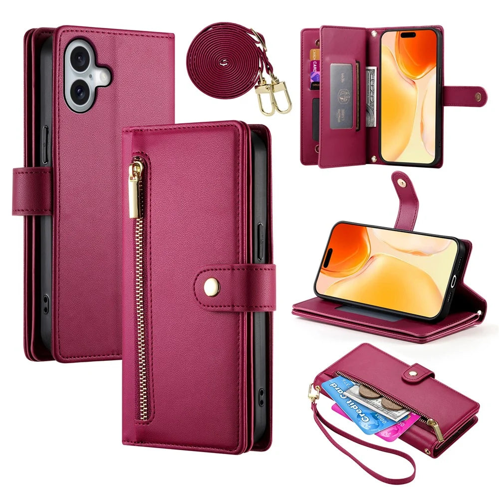 For iPhone 17 Case Zipper Pocket Wallet Leather Phone Cover with Straps - Red - 1