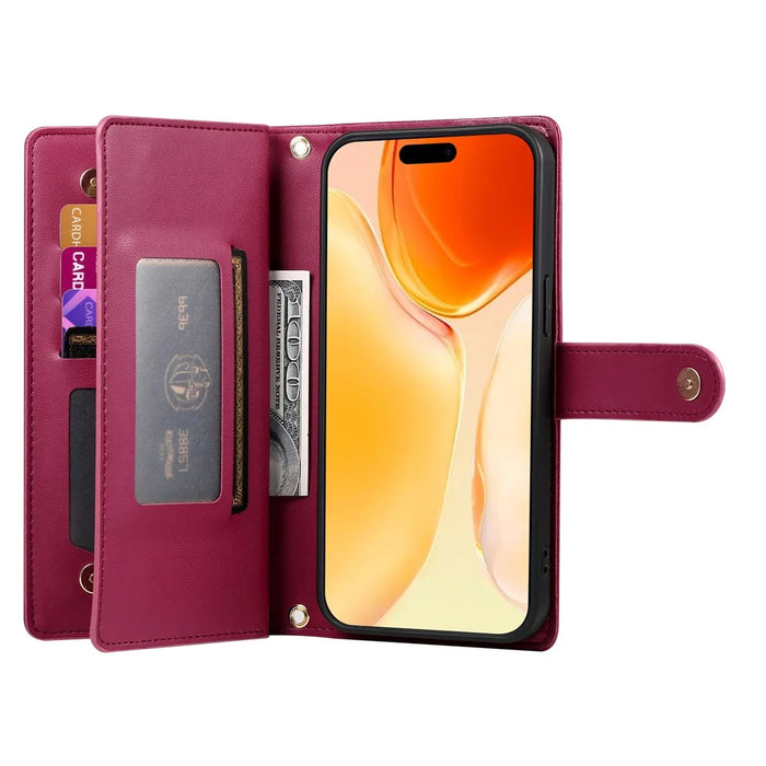 For iPhone 17 Case Zipper Pocket Wallet Leather Phone Cover with Straps - Red - 2