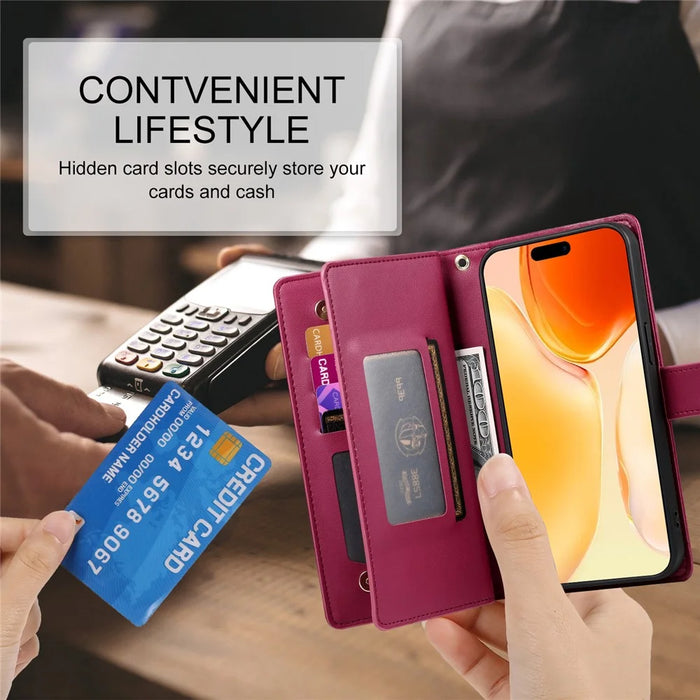 For iPhone 17 Case Zipper Pocket Wallet Leather Phone Cover with Straps - Red - 6